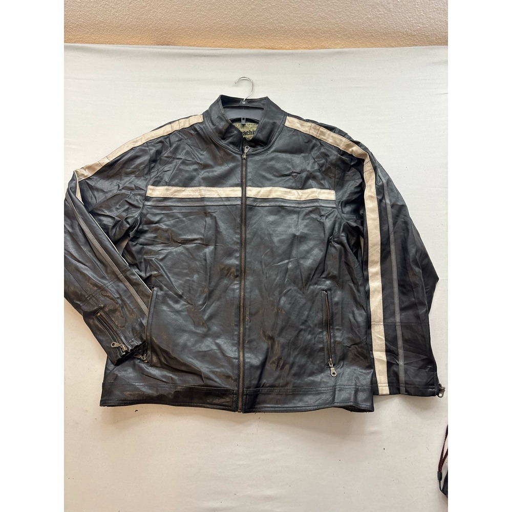 Machine Type Field Apparel Mens Faux Leather Racing Jacket Black Tan Stripe L